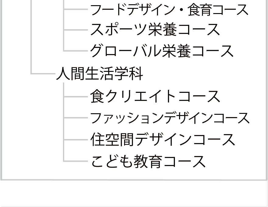 人間生活学部：人間生活学部：食物栄養学科、人間生活学科（食クリエイトコース、ファッションデザインコース、住空間デザインコース）